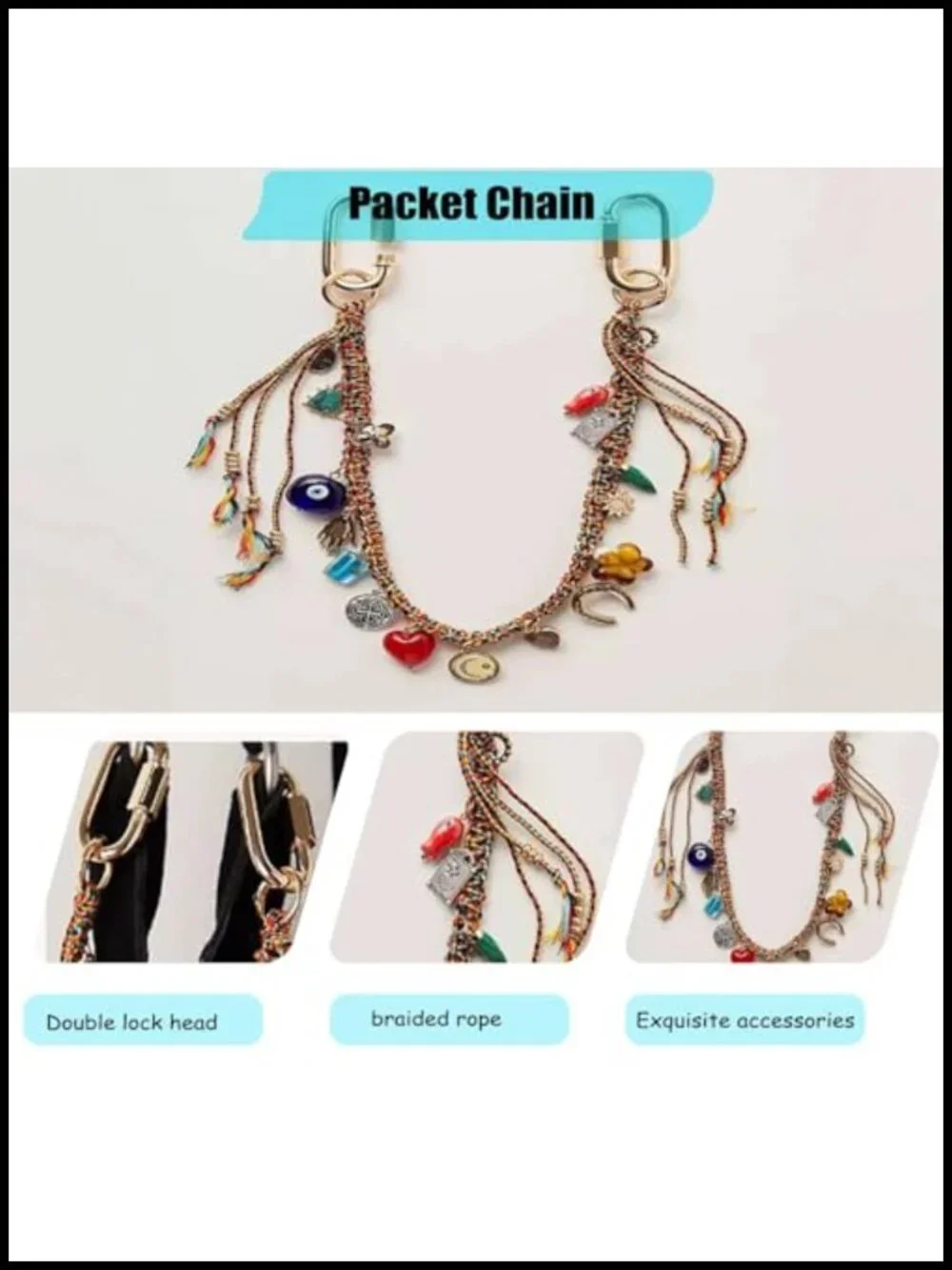 Metal Braided Rope Keychain with Beads for Handbag Purse Backpack